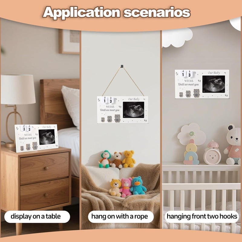 DACO MIN Pregnancy Countdown Sonogram Picture Frame with Number Cards & Newborn Handprint Kit – Bear-Themed Ultrasound Keepsake Gift for Expecting Parents & Grandparent Reveal (Grey) - Image 4